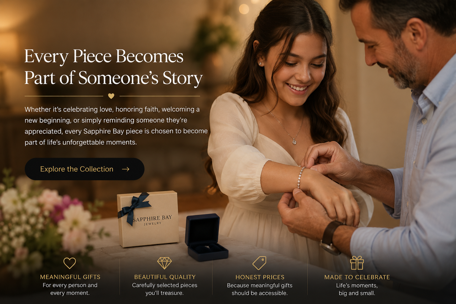Father presenting a Sapphire Bay Jewelry bracelet as a meaningful graduation gift, with the Sapphire Bay gift box and jewelry presentation.